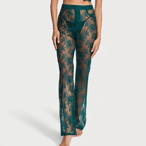🔥NEW VICTORIA'S SECRET VS Archives Rose Lace Pants Deepest Green - Picture 2 of 9